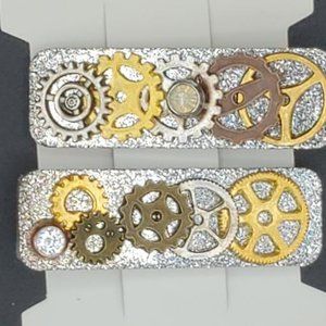Epoxy Steampunk Glitter and Gears Barrettes, Handmade, Alligator Clip Style